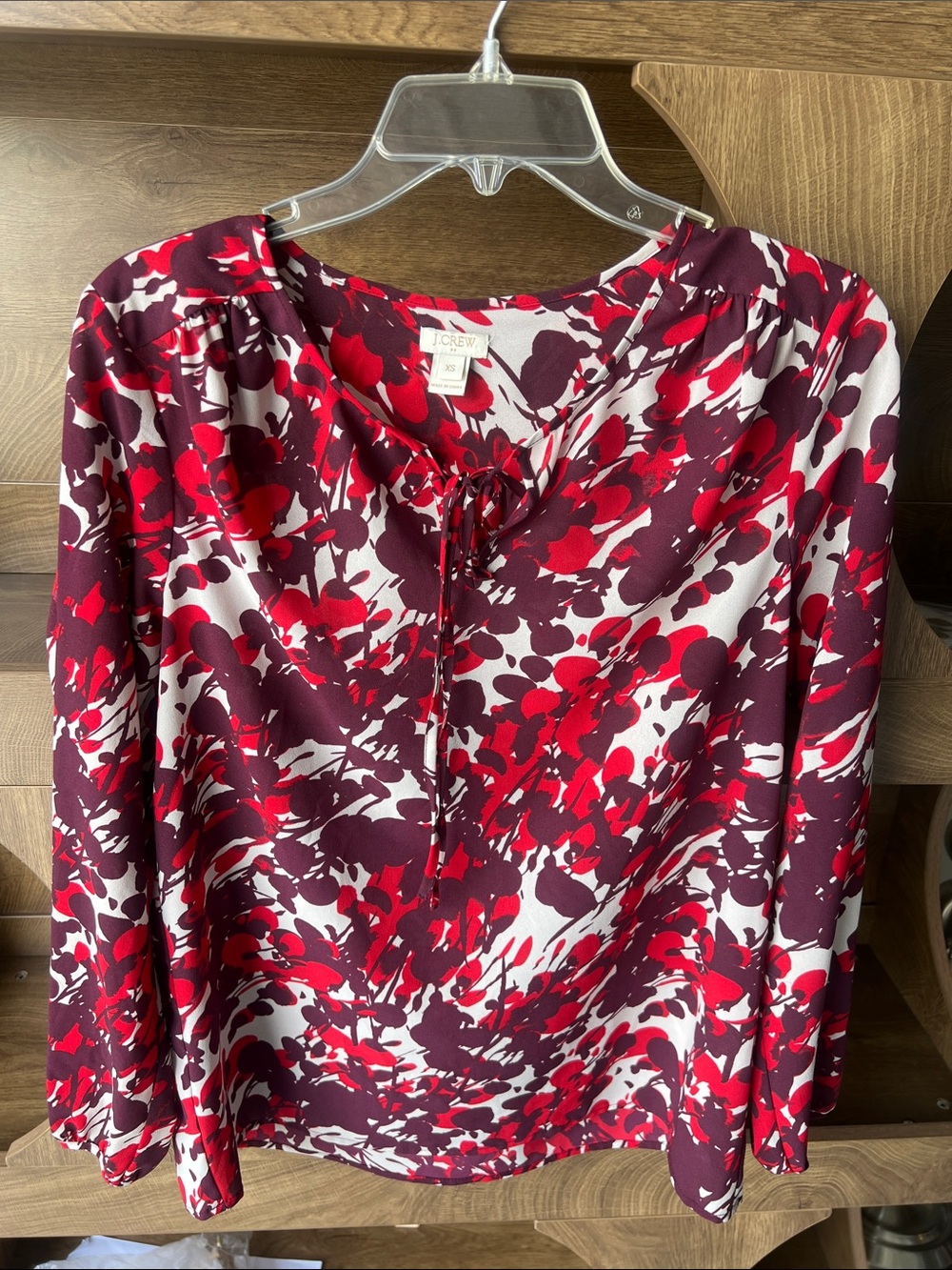 J. Crew Red and Burgundy Floral Tie-Front Blouse